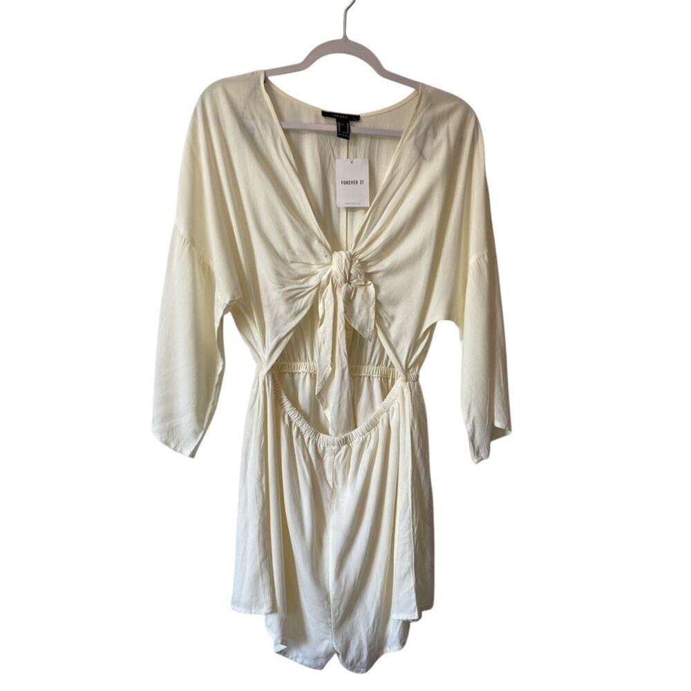 Forever 21 NWT Women's M Fairy Cream Front Tie Cut Out Waist Rayon Romper Boho‎